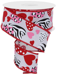 1.5"x10yd Zebra Leopard Print Hearts On Canvas, White/Red/Light Pink/Black  FF37