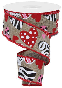 1.5"x10yd Zebra Leopard Print Hearts On Canvas, Beige/Light Pink/Red/White/Black  FF16