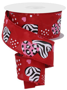 1.5"x10yd Zebra Leopard Print Hearts On Canvas, Red/Light Pink/White/Black  FF17