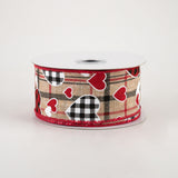 1.5"x10yd Check Heart/Mini Heart/Plaid, Beige/Red/Black/White  OC20