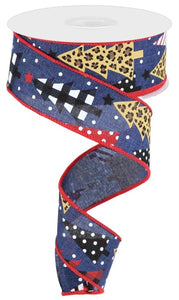 1.5"x10yd Patterned Trees On Royal Burlap, Navy Blue/Red/Light Tan/Brown/Black/White/Gold  FB12