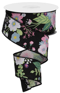 1.5"x10yd Graphic Florals, Black/Pink/Blue/White/Green  FF73