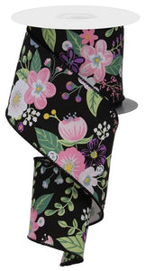 2.5"x10yd Graphic Florals, Black/Pink/Blue/White/Green  FF17