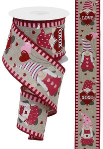 2.5"x10yd Valentine Gnomes On Royal Burlap, Light Natural/White/Pink/Light Pink/Grey  FF70 OC34