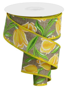 1.5"x10yd Tulips On Royal Burlap, Light Beige/White/Yellow/Gold/Green  OC21