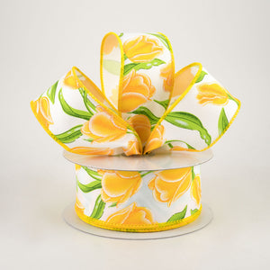 1.5"x10yd Tulips On Diagonal Weave, White/Yellow/Gold/Green/Lime  MY12