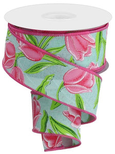 1.5"x10yd Tulips On Royal Burlap, Mint/White/Pink/Green  MY9