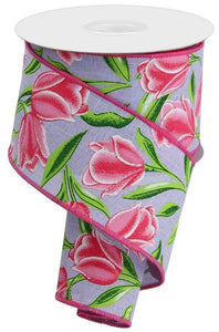 2.5"x10yd Tulips On Diagonal Weave, Light Lavender/White/Pink/Green  MY8