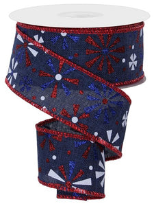 1.5"x10yd Vintage Glitter Pinwheels On Royal Burlap, Navy Blue/Red/White  OC30