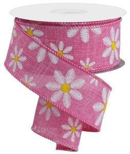 1.5"x10yd Embroidered Mixed Daisy On Royal Burlap, Pink/White/Yellow  MA4