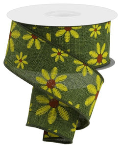 1.5"x10yd Embroidered Mixed Daisy On Royal, Moss Green/Yellow/Rust  MY43