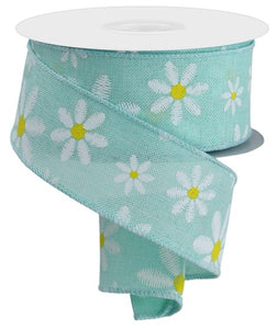 1.5"x10yd Embroidered Mixed Daisy On Royal Burlap, Mint Green/White/Yellow  MY45