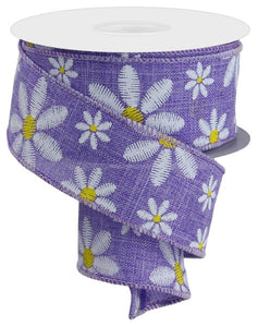 1.5"x10yd Embroidered Mixed Daisy On Royal, Lavender/White/Yellow  MY46