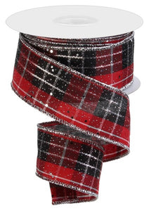 1.5"x10yd Check Plaid W/Hex Glitter, Red/Black/White/Silver   MY61