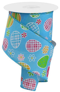 2.5"x10yd Check Plaid Egg/Daisy On Polyester, Turquoise/Blue/Lime Green/Pink/Gold/Yellow  MY5