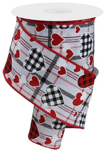 2.5"x10yd Check Heart/Mini Heart/Plaid, White/Red/Black  OC32