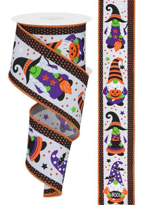 2.5"x10yd Halloween Gnomes On Royal Burlap, White/Orange/Black/Purple/Lime Green  FB13