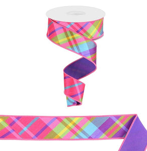 1.5"x10yd Diagonal Plaid w/Fused Back, Hot Pink/Yellow/Lime Green/Turquoise  B44