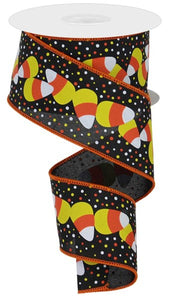 2.5"x10yd Candy Corn w/Dots On Royal Burlap, Black/Orange/Yellow/White  JL6