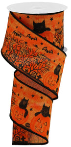 2.5"x10yd Jack-O-Lantern/Cats/Cemetery On Royal Burlap, Orange/Black  FF93