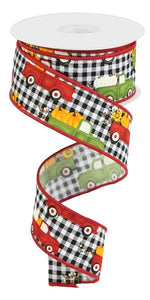 1.5"x10yd Pumpkin Trucks On Gingham, Black/White/Moss Green/Red/Orange  FF40