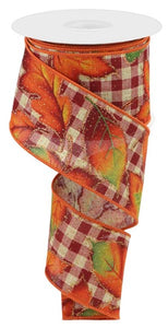 2.5"x10yd Autumn Leaves On Check, Natural/Burgundy/Orange/Green  FF93